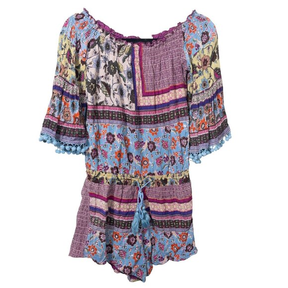Raga Anthropologie Purple Floral Romper With Tassel Tie Belt SZ S Boho - Picture 1 of 9